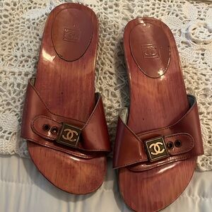 Chanel Wood Platform Slides Size 36 Pink & Copper
